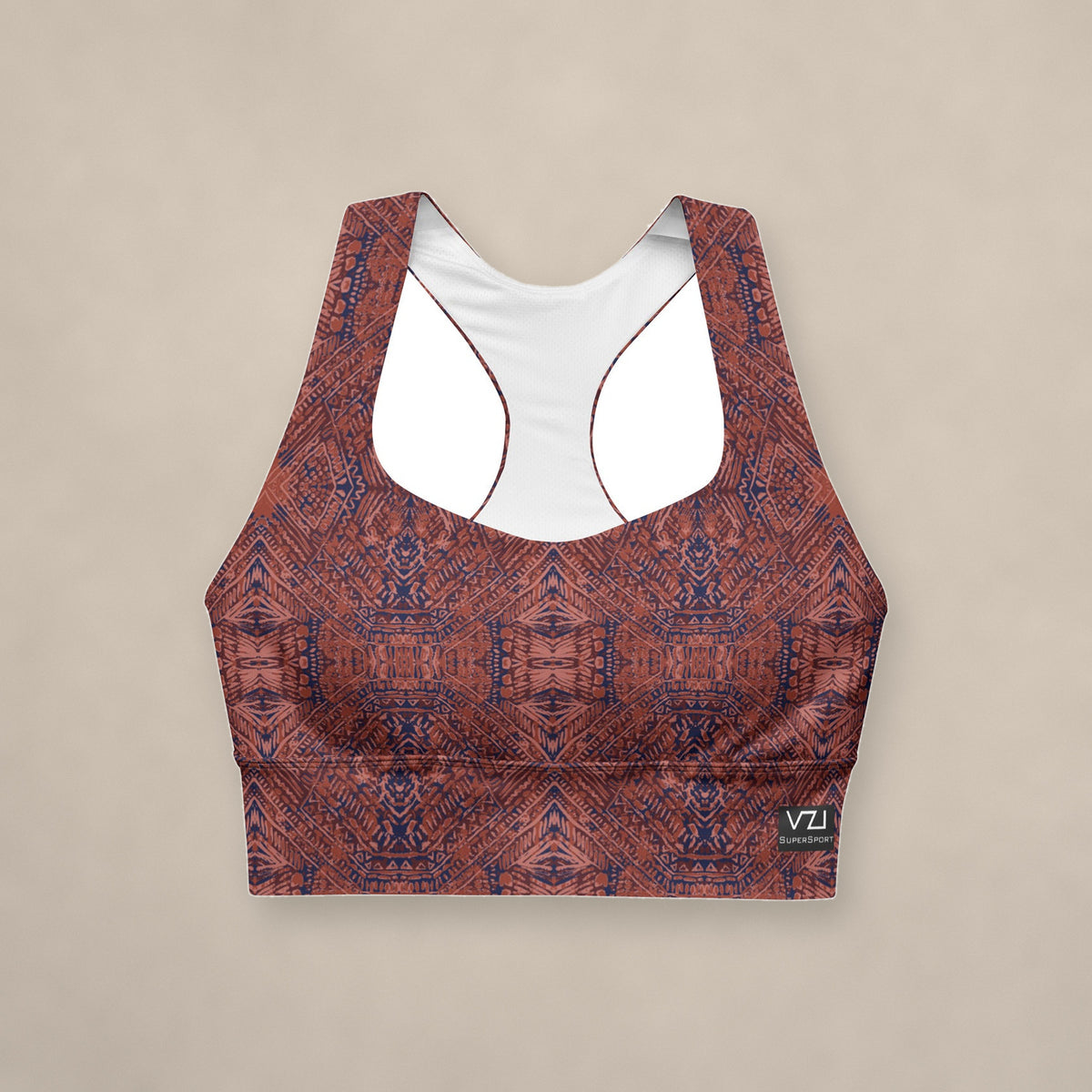 Vazzari Crimson Deities Longline Bra on beige studio wall