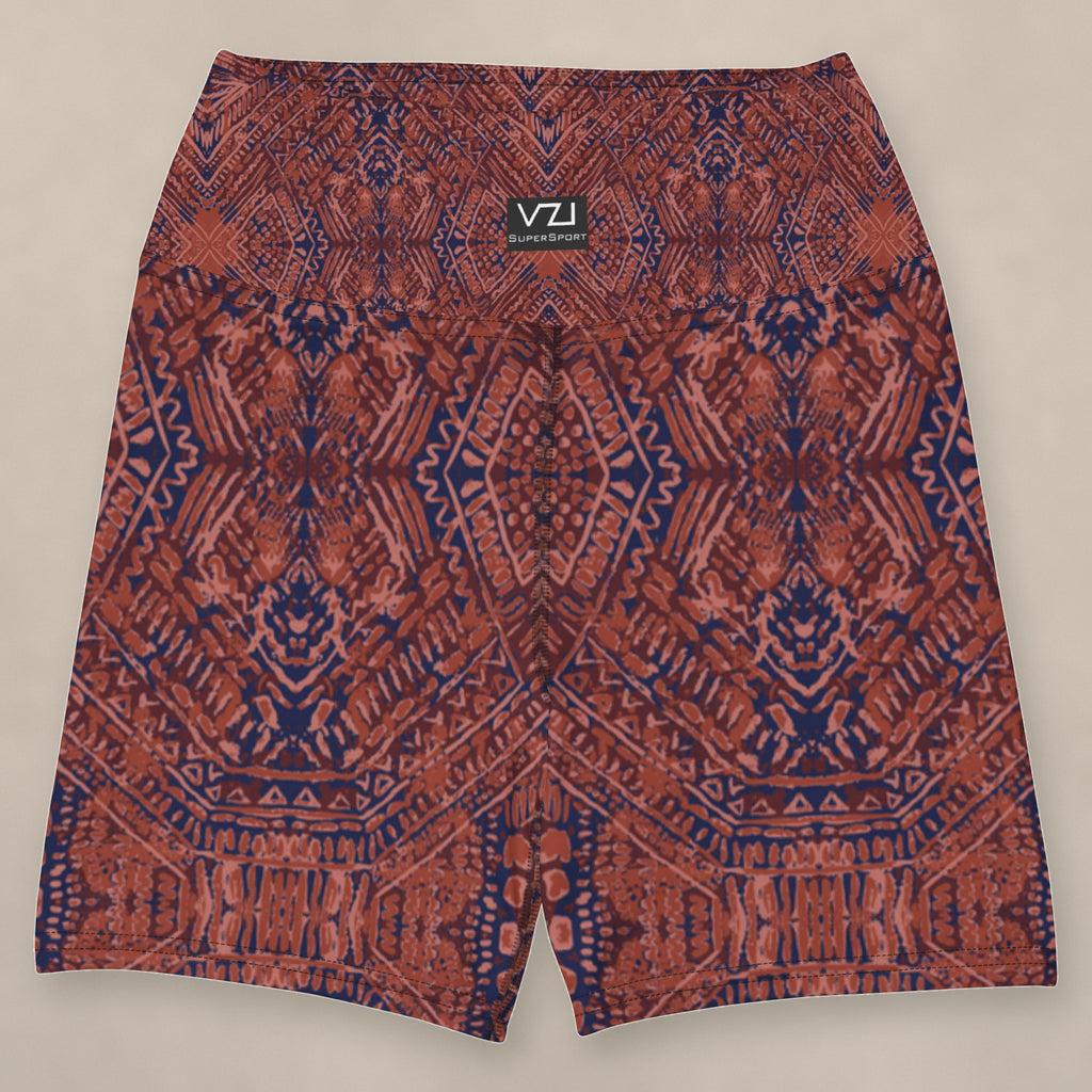 Vazzari Crimson Deities Yoga Shorts on beige studio wall