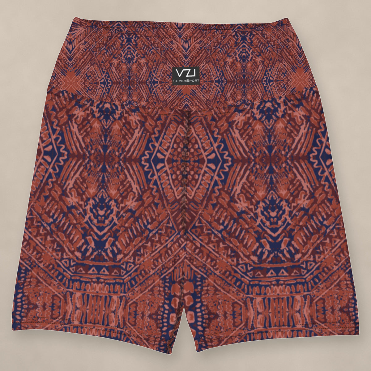 Vazzari Crimson Deities Yoga Shorts on beige studio wall
