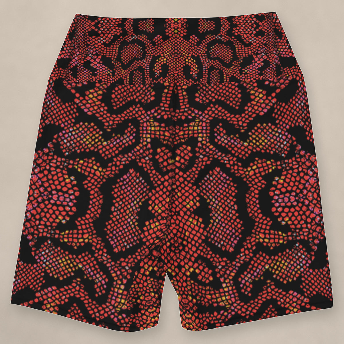 Vazzari Crimson Serpent Gym Shorts on beige studio wall