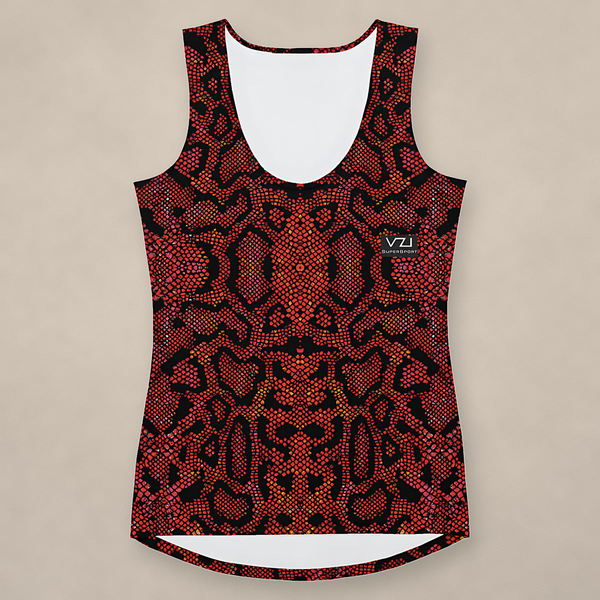 Vazzari Crimson Serpent Tank Top on beige studio wall