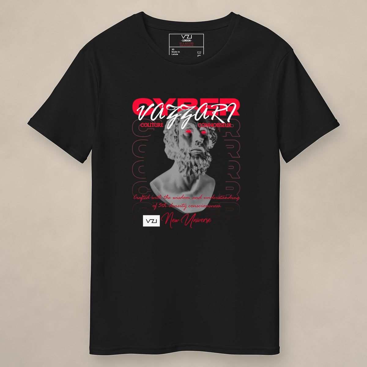 Vazzari Cyber New Universe Tee on beige studio wall