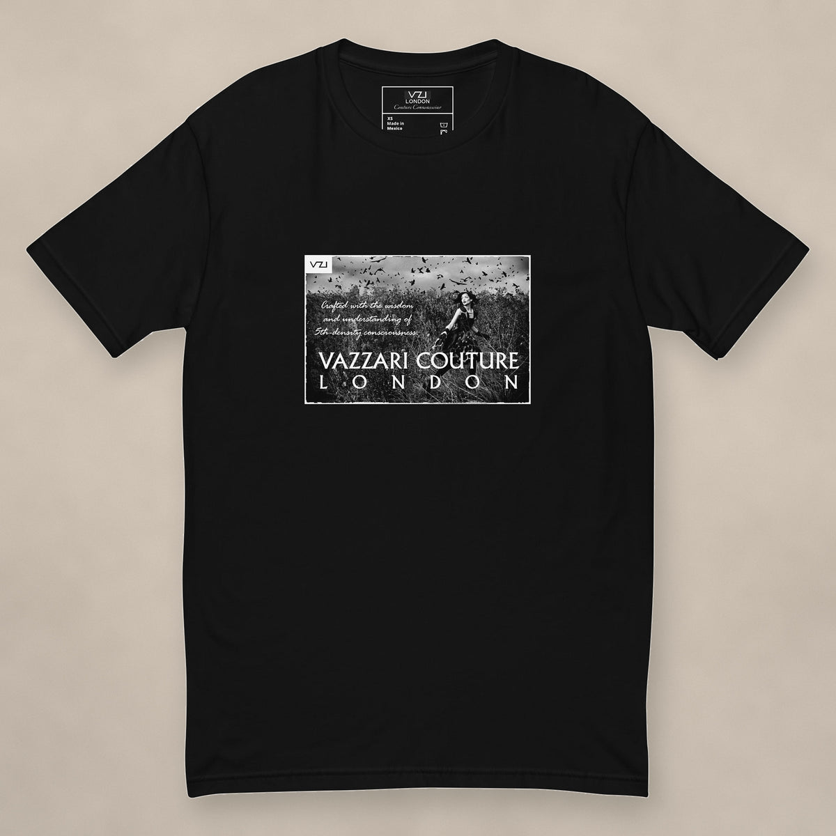 Vazzari Dark Beauty Fitted Tee on beige studio wall