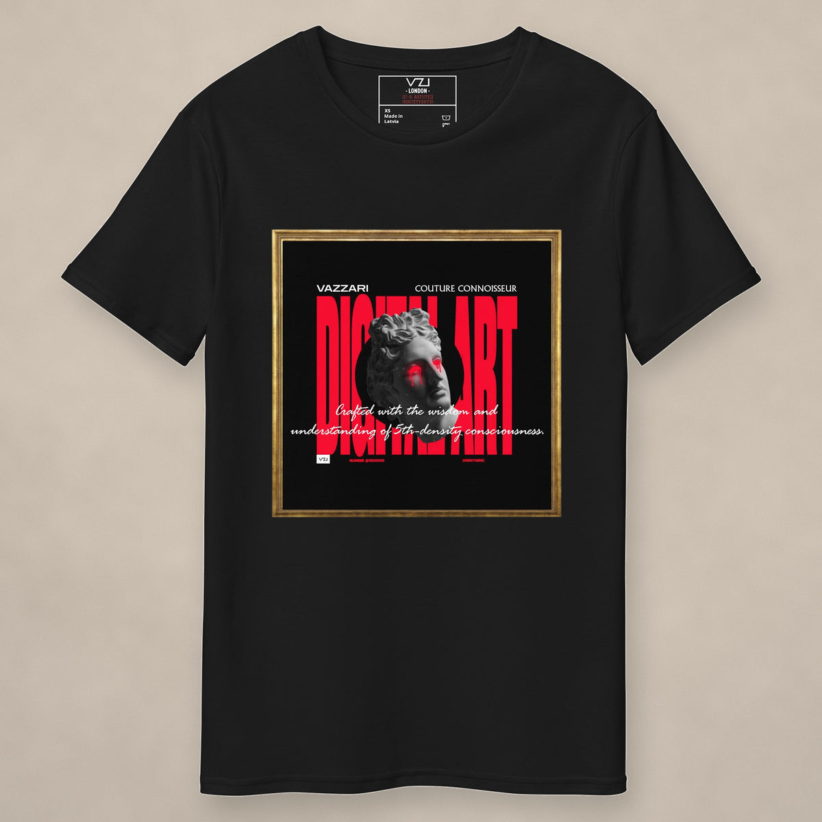 Vazzari Digital Art Tee on beige studio wall