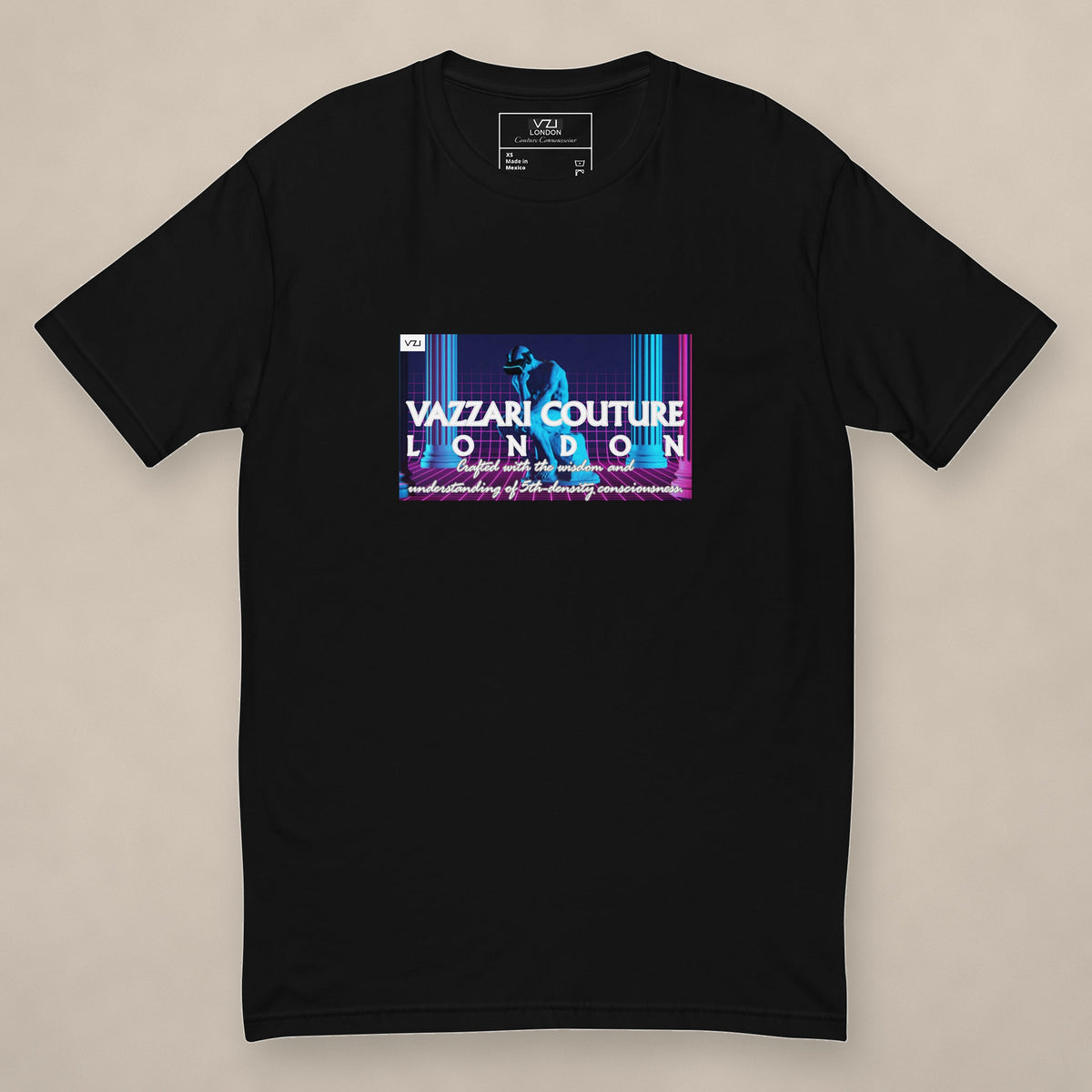 Vazzari Digital Meditation Fitted Tee on beige studio wall