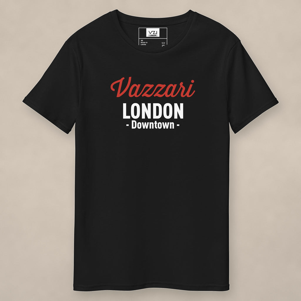 Vazzari Downtown London Tee – Harley on beige studio wall