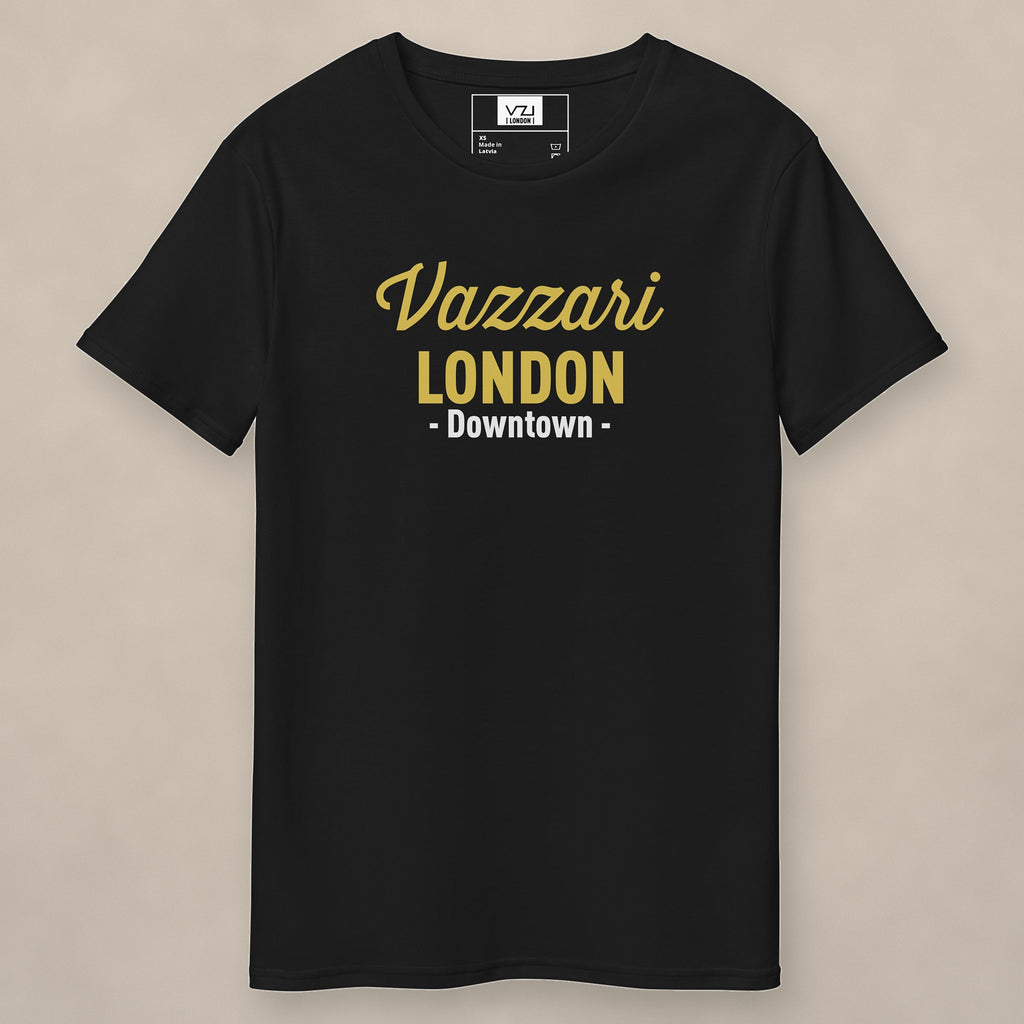 Vazzari Downtown London Tee – Old Gold on beige studio wall