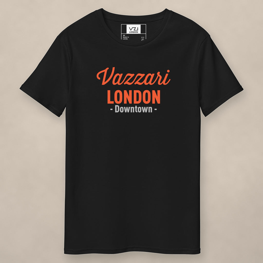 Vazzari Downtown London Tee – Orange on beige studio wall