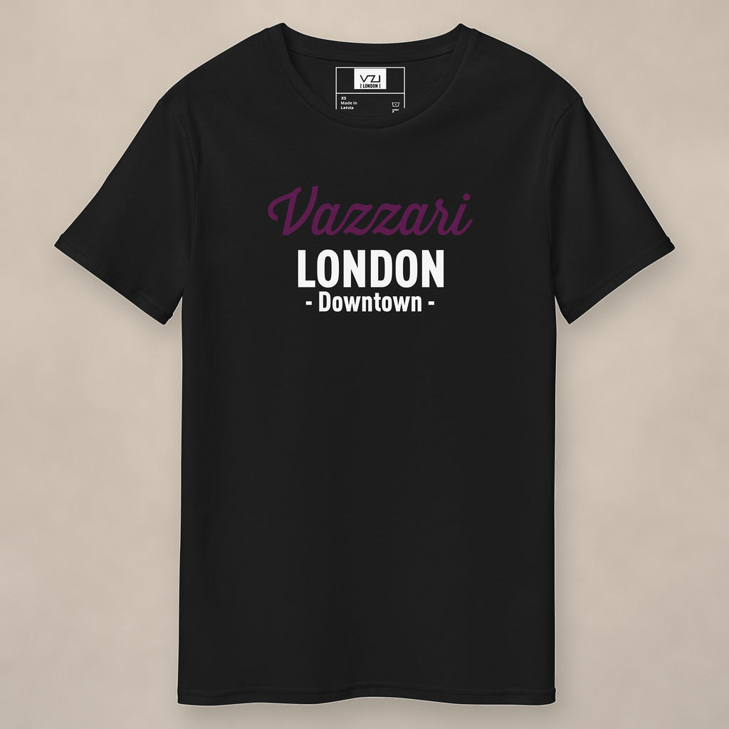 Vazzari Downtown London Tee – Purple on beige studio wall