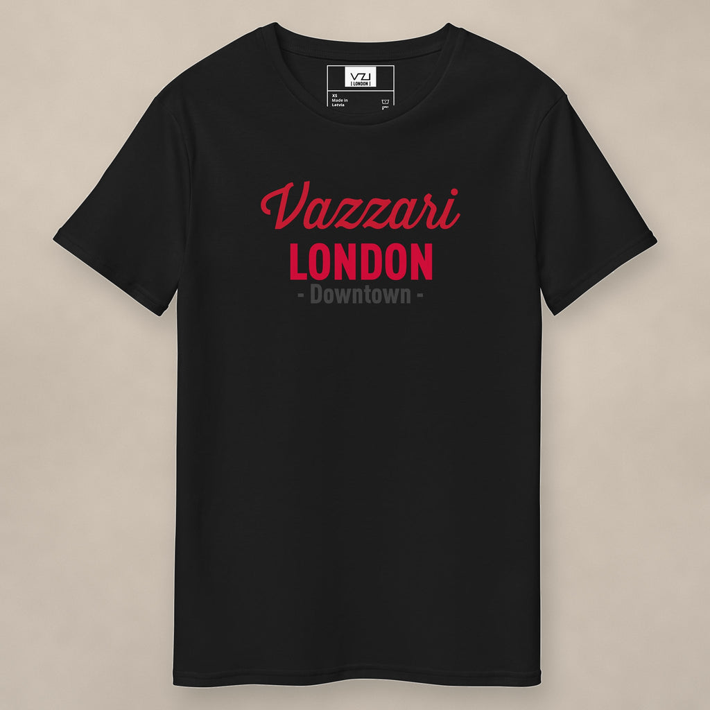 Vazzari Downtown London Tee – Red on beige studio wall