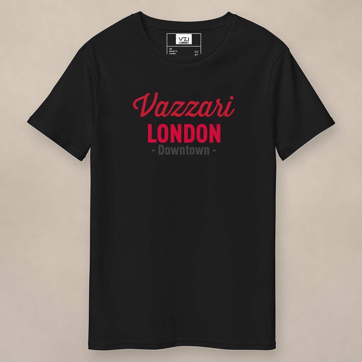 Vazzari Downtown London Tee – Red on beige studio wall