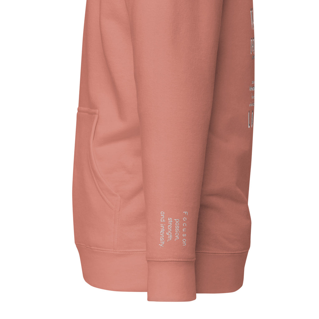 Vazzari Aethonius Men's Hoodie – Dusty Rose – left sleeve detail – clean studio shot