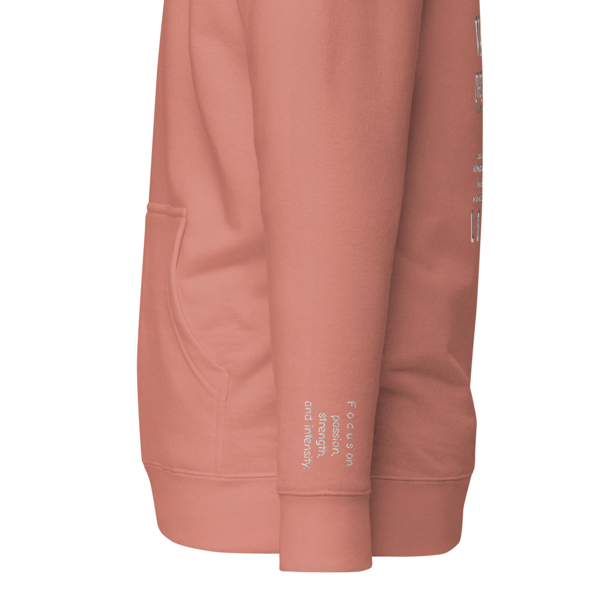 Vazzari Aethonius Men's Hoodie – Dusty Rose – left sleeve detail – clean studio shot