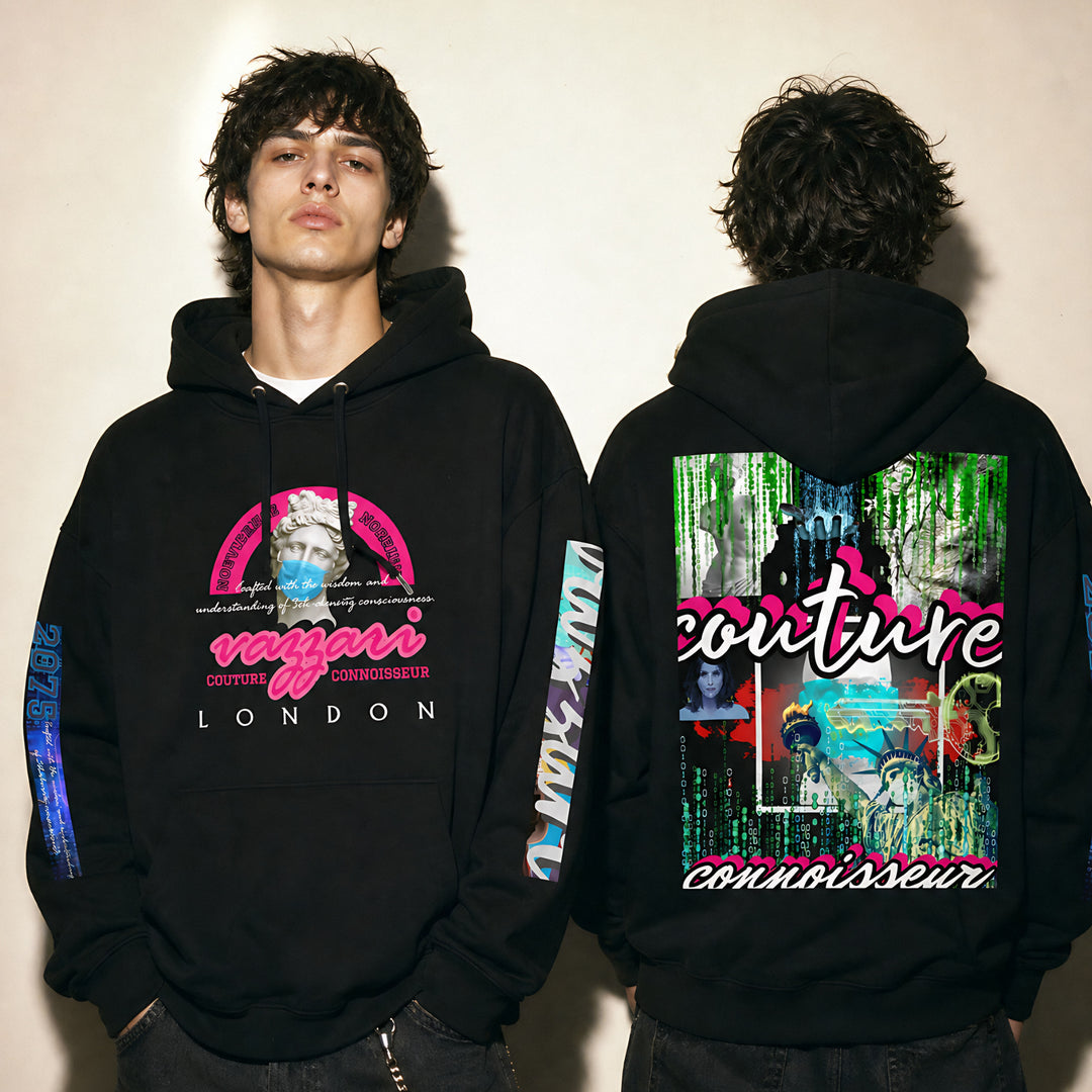 Model wearing the Vazzari Escape Matrix Hoodie in a beige studio