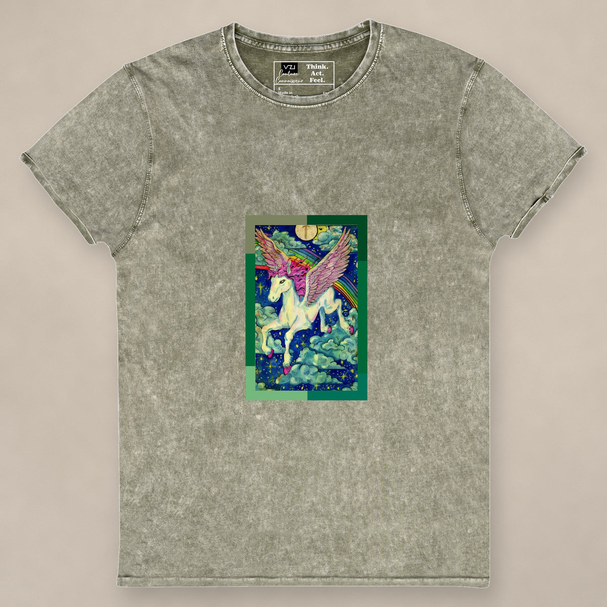 Vazzari Etherium Pegasus Women's Tee on beige studio wall