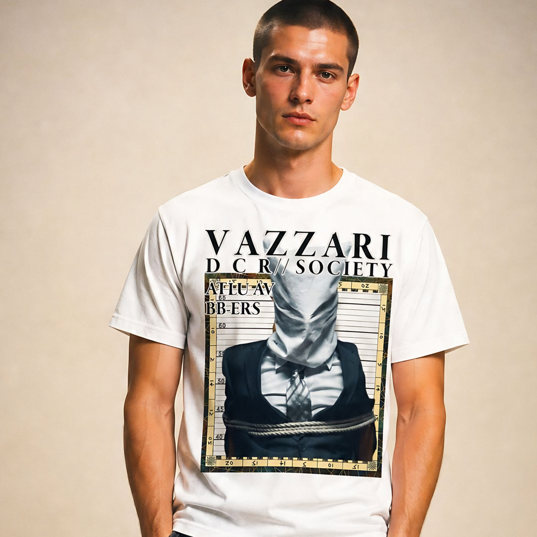 Model wearing the Vazzari Faceless Icon Tee in a beige studio (man)