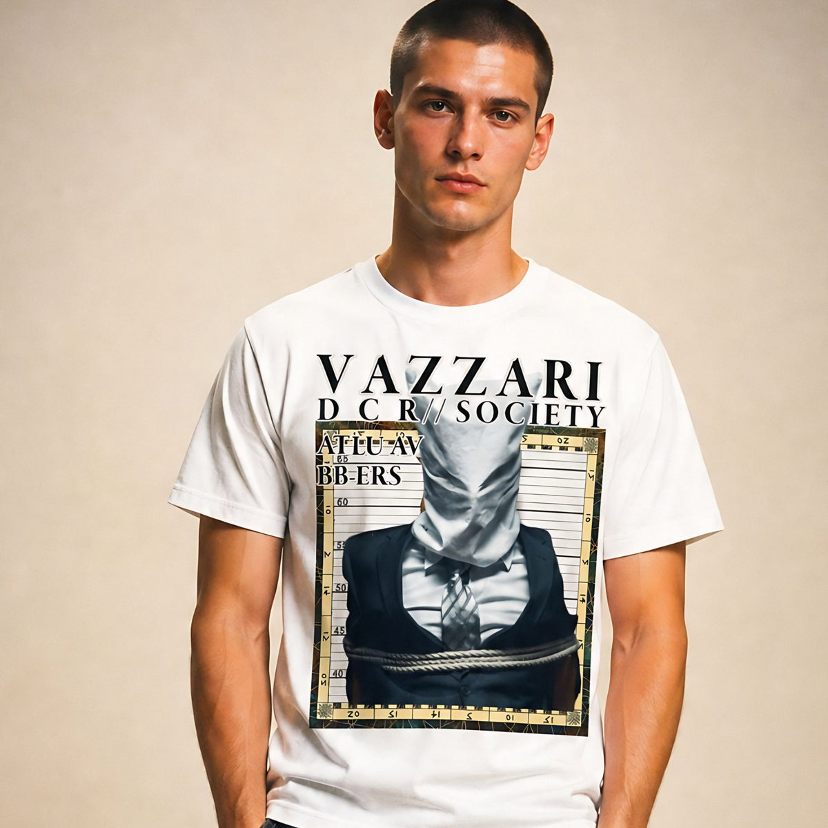 Model wearing the Vazzari Faceless Icon Tee in a beige studio (man)