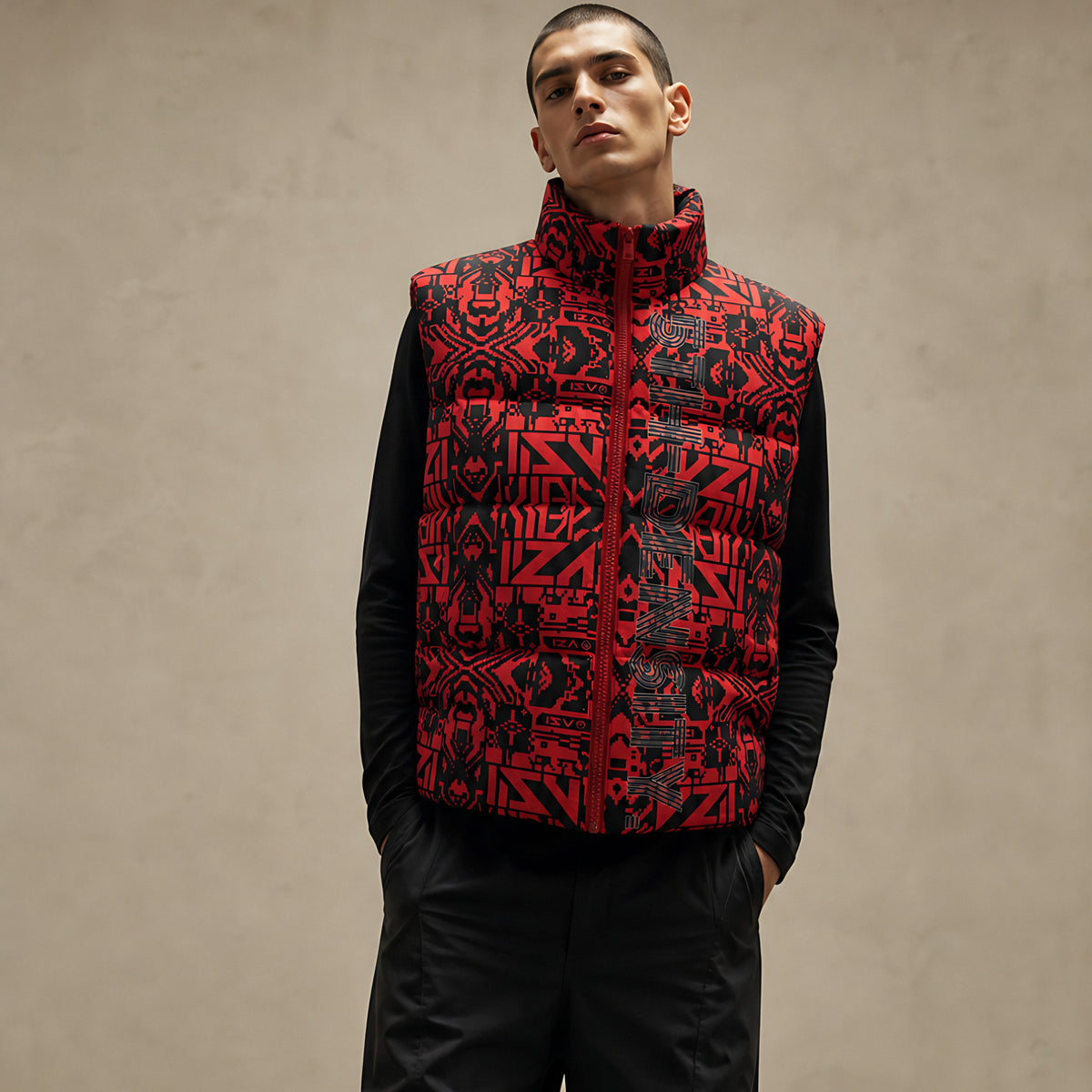 Model wearing the Vazzari Forged Gilet 5th Density II in a beige studio