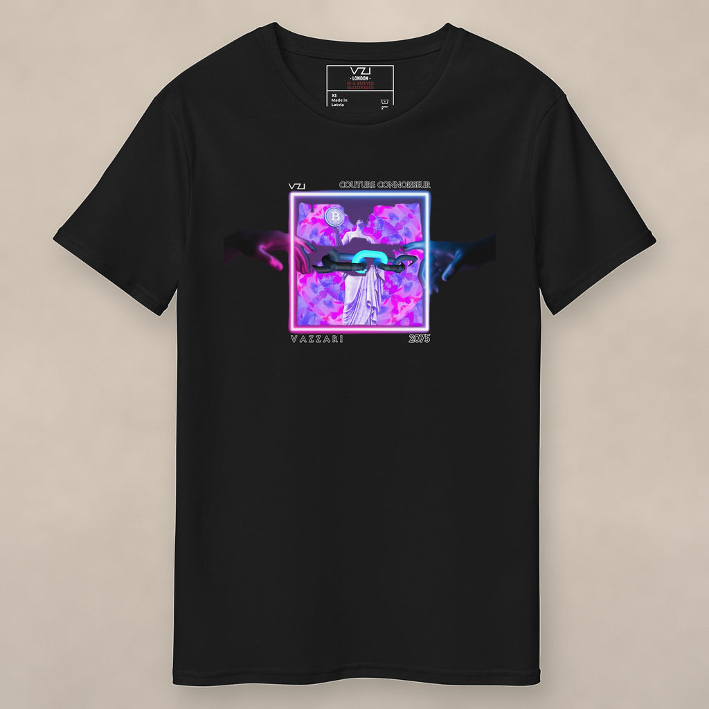 Vazzari Future Coin Tee on beige studio wall