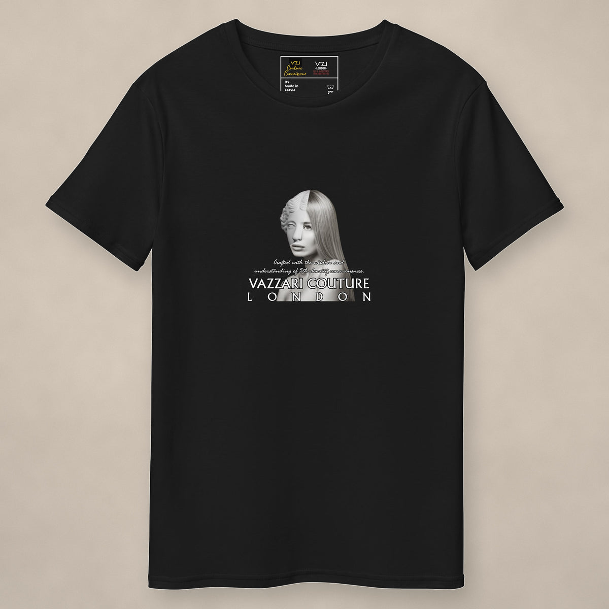 Vazzari Goddess Melding Tee on beige studio wall