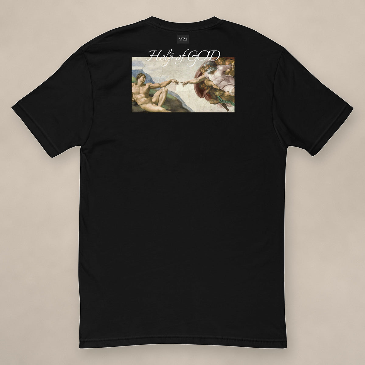 Vazzari Help of God Fitted Tee on beige studio wall