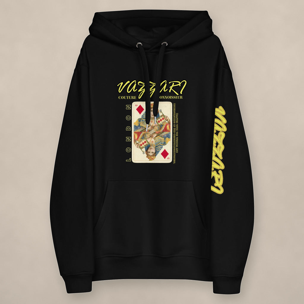 Vazzari High Card Queen Hoodie on beige studio wall