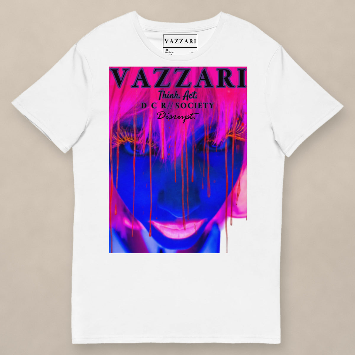 Vazzari Hijack Now Tee on beige studio wall