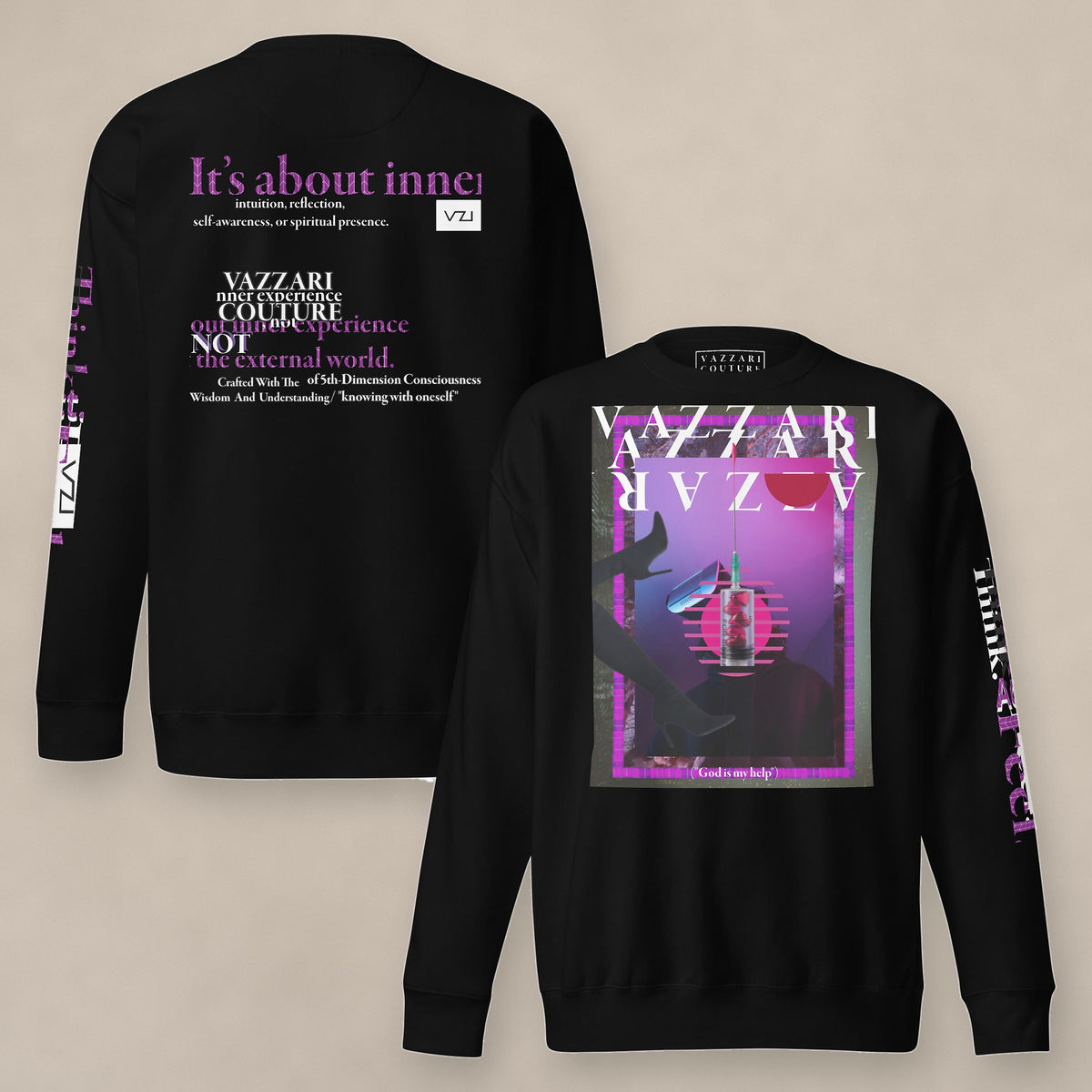 Vazzari Inner-Self Sweatshirt on beige studio wall