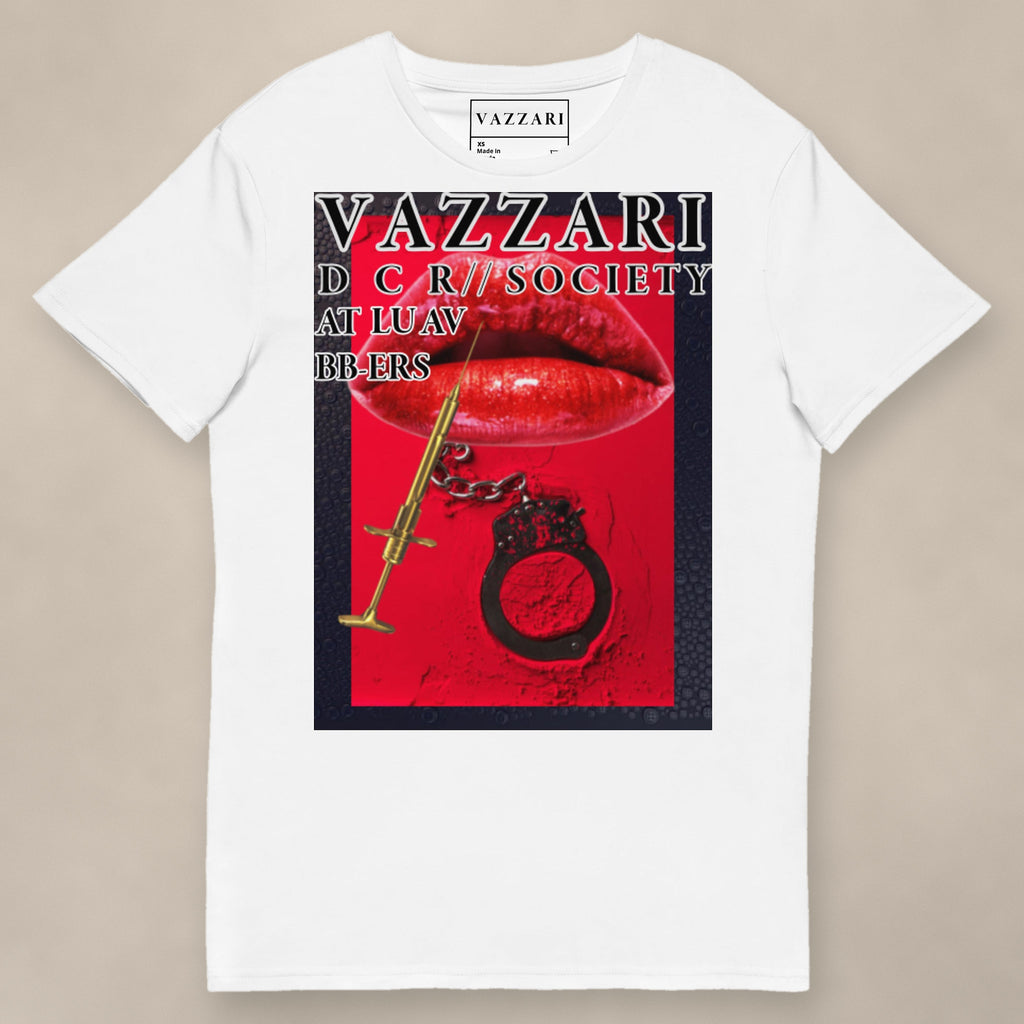 Vazzari Lethal Lips Tee on beige studio wall
