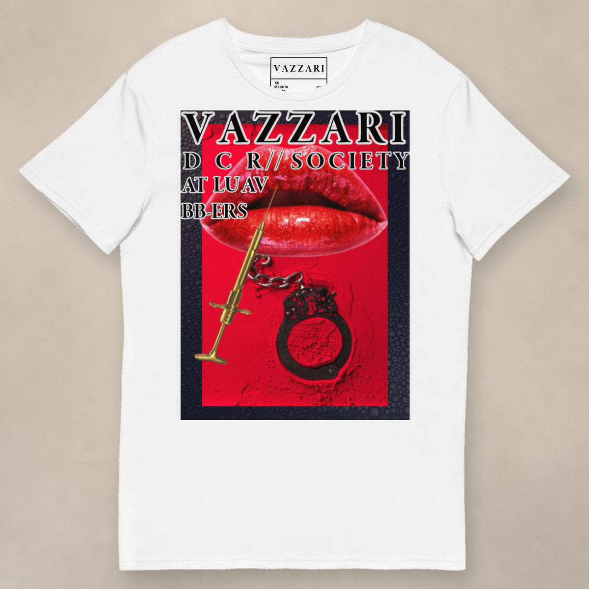 Vazzari Lethal Lips Tee on beige studio wall
