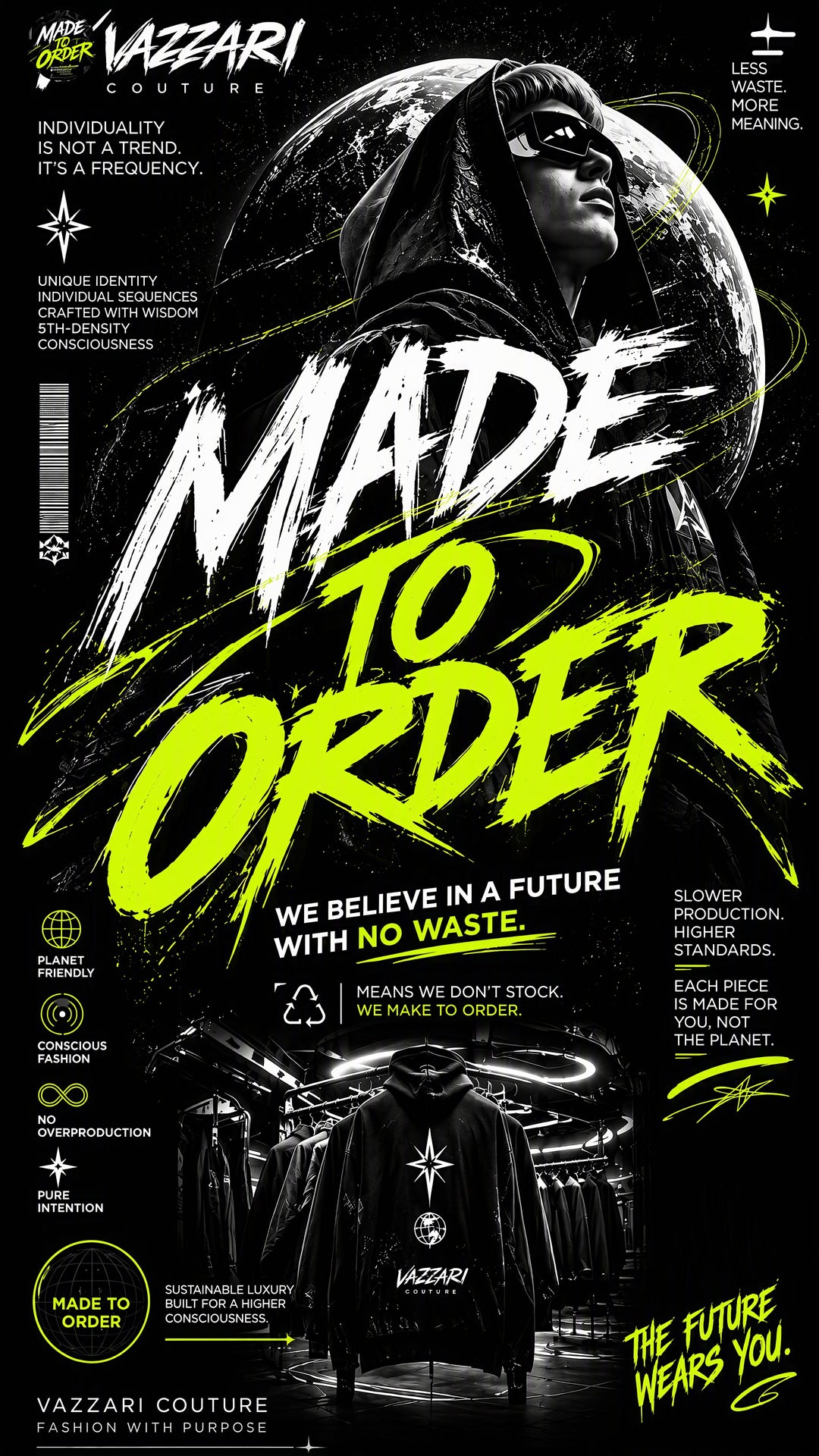Vazzari Couture Made to Order poster: We believe in a future with no waste. The future wears you.