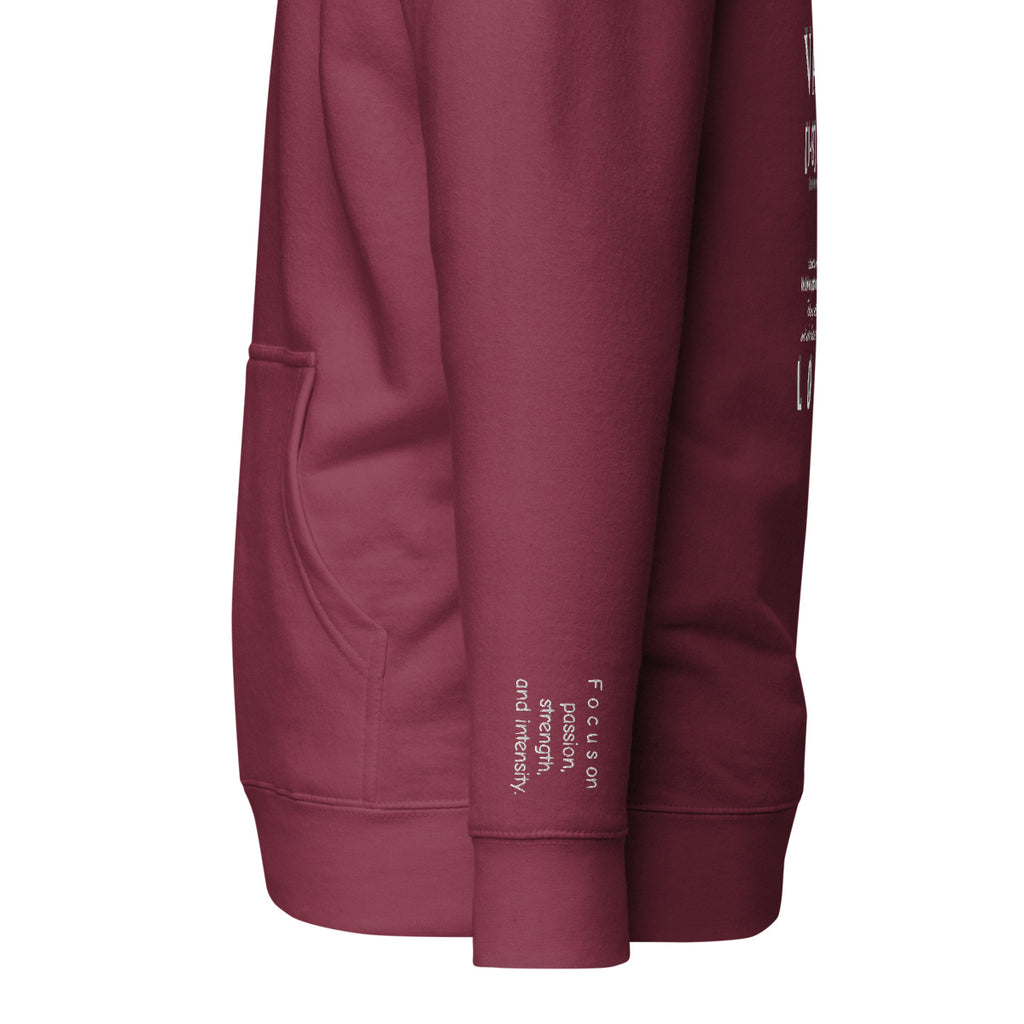 Vazzari Aethonius Men's Hoodie – Maroon – left sleeve detail – clean studio shot