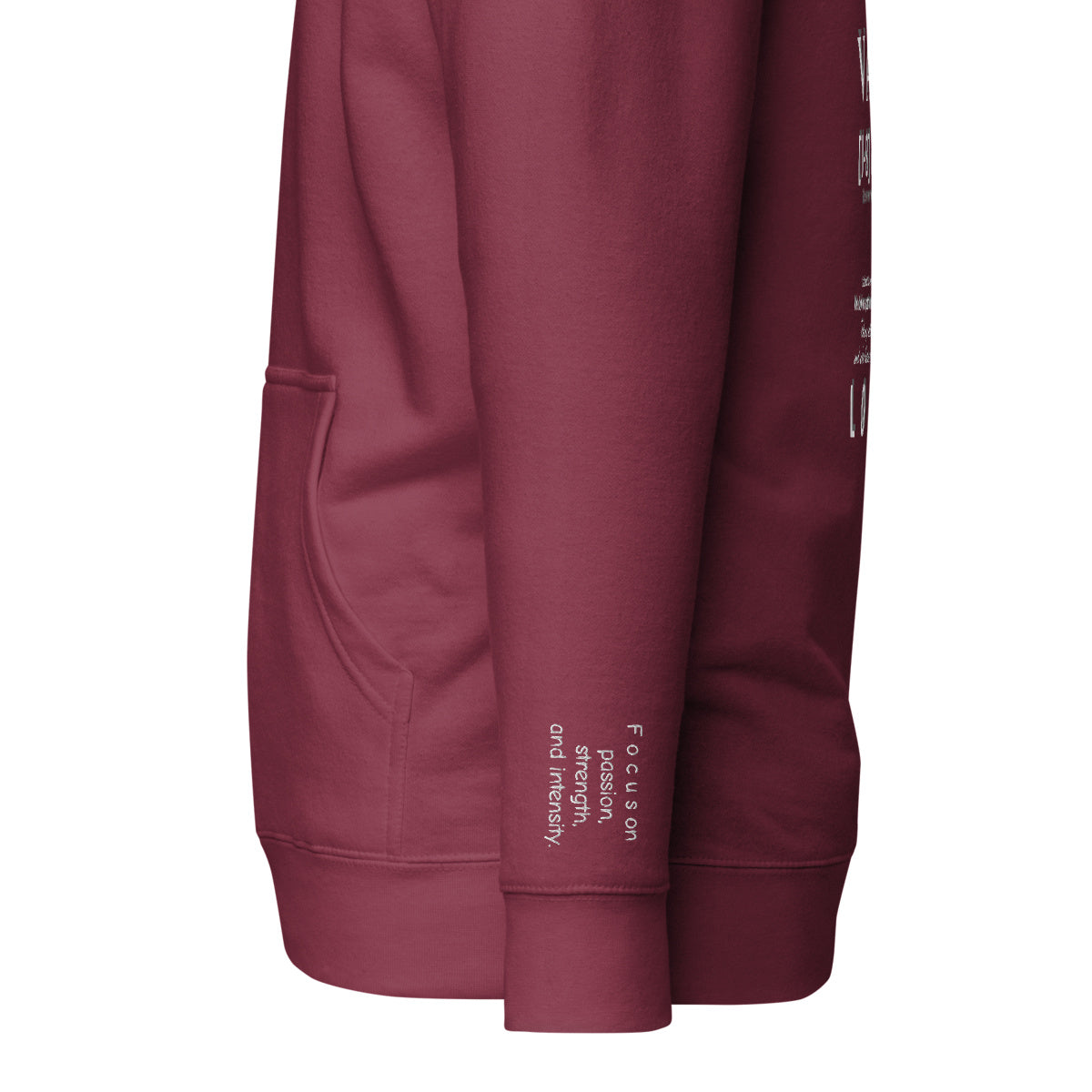 Vazzari Aethonius Men's Hoodie – Maroon – left sleeve detail – clean studio shot