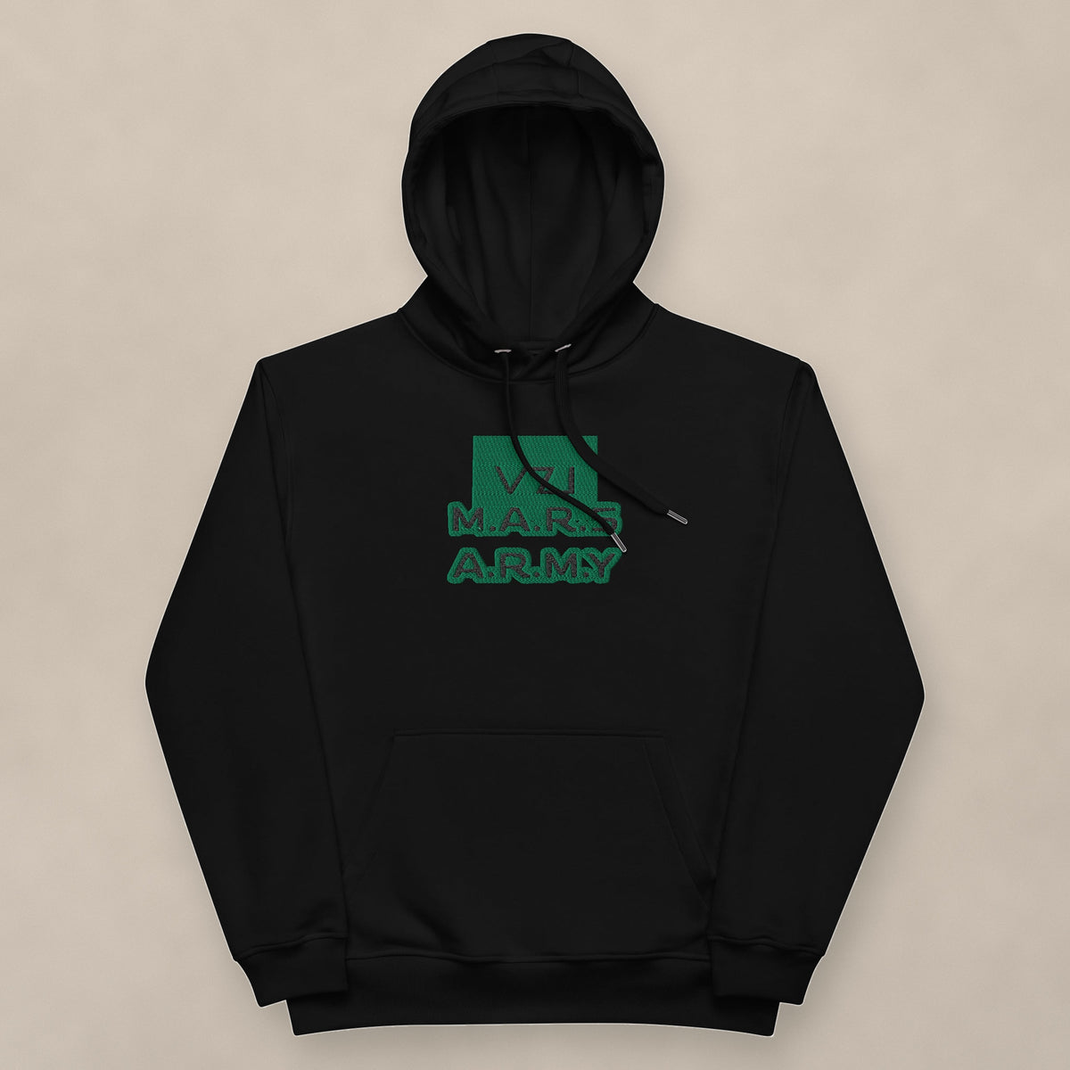 Vazzari M.A.R.S A.R.M.Y Hoodie on beige studio wall