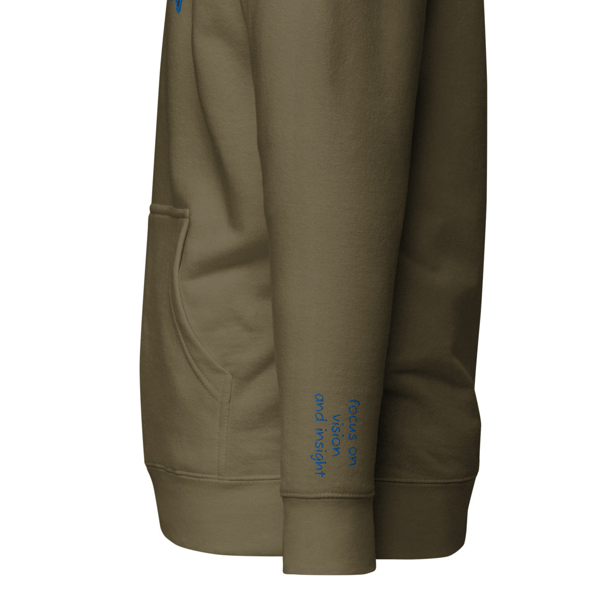 Vazzari Omnimira Women's Hoodie – Military Green – left sleeve detail – clean studio shot