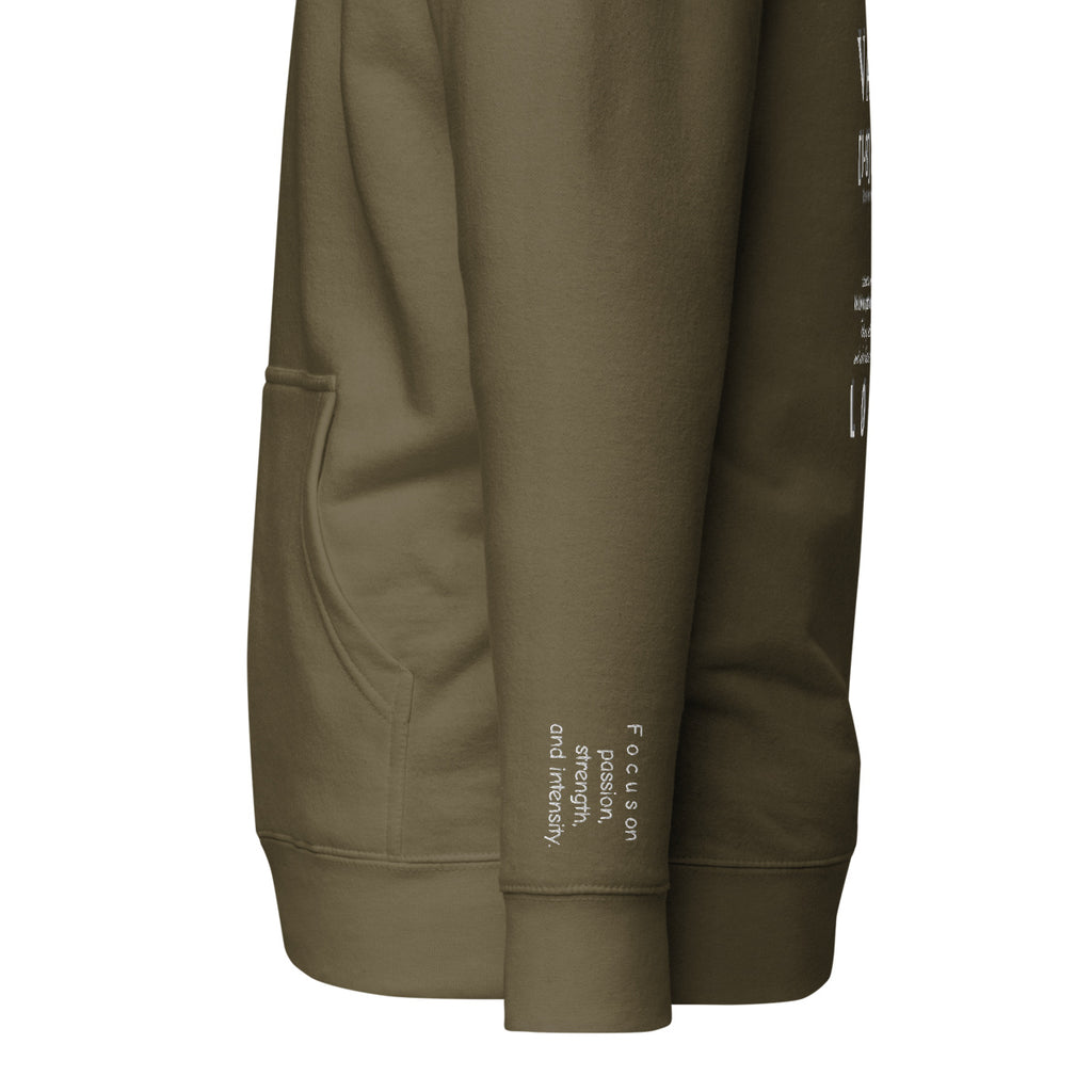 Vazzari Aethonius Men's Hoodie – Military Green – left sleeve detail – clean studio shot