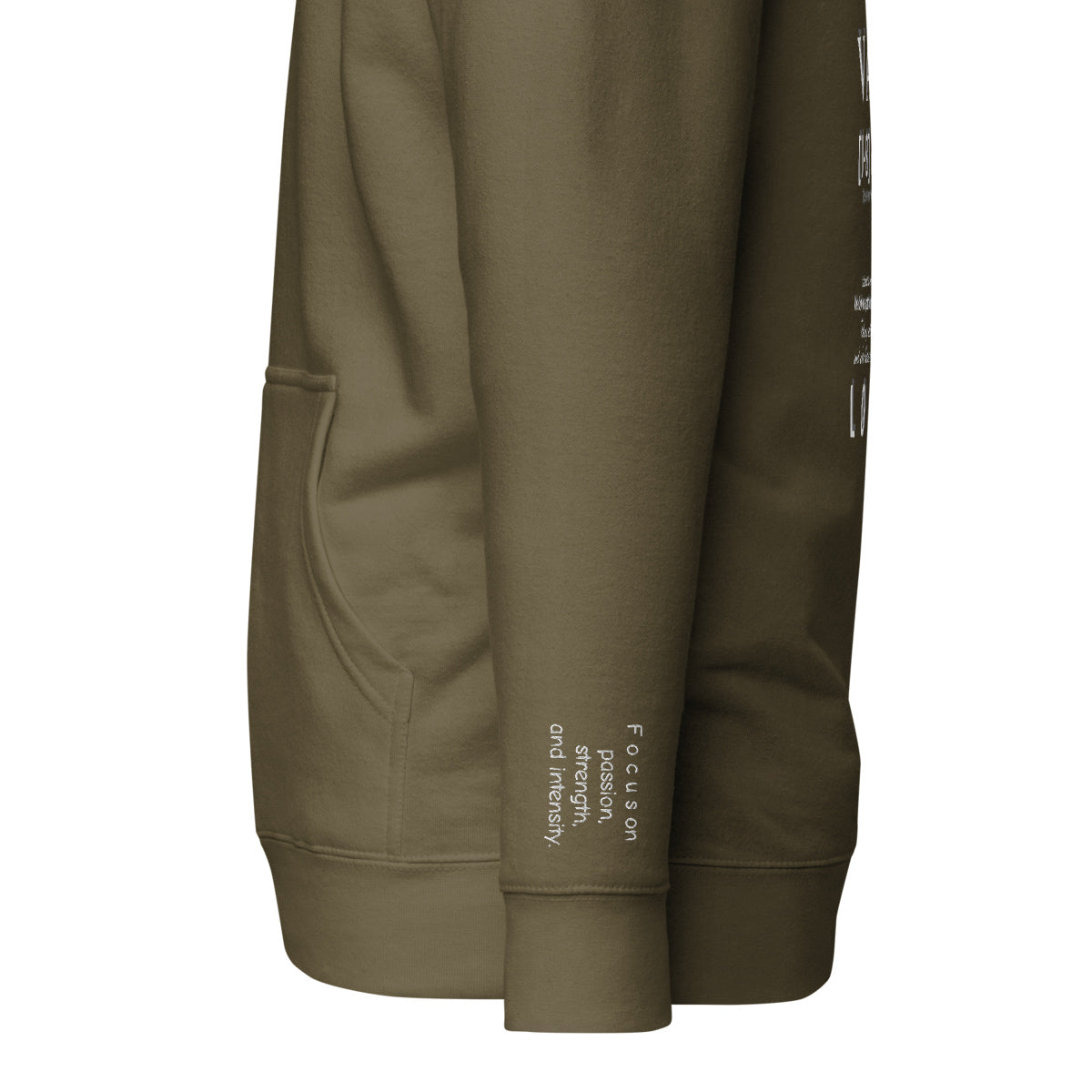 Vazzari Aethonius Men's Hoodie – Military Green – left sleeve detail – clean studio shot