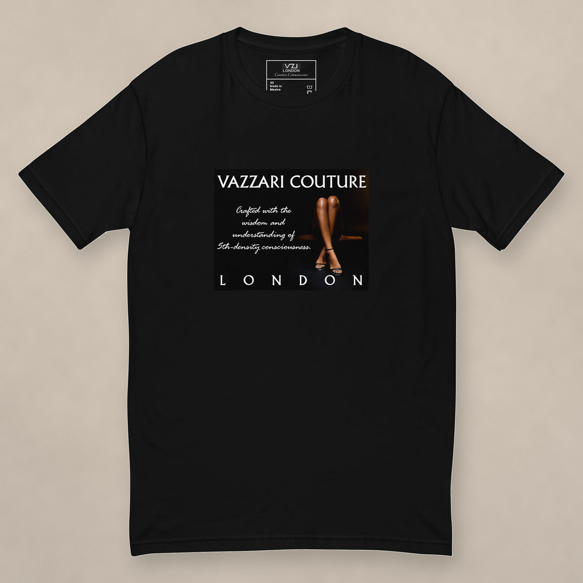 Vazzari Mystery Pose Fitted Tee on beige studio wall