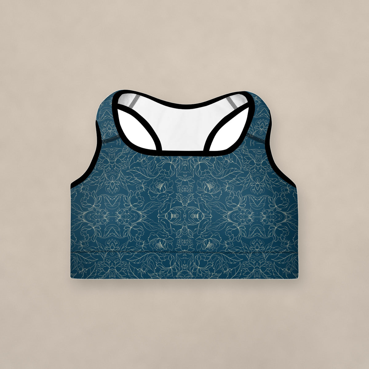 Vazzari Navy Glimmer Padded Bra on beige studio wall