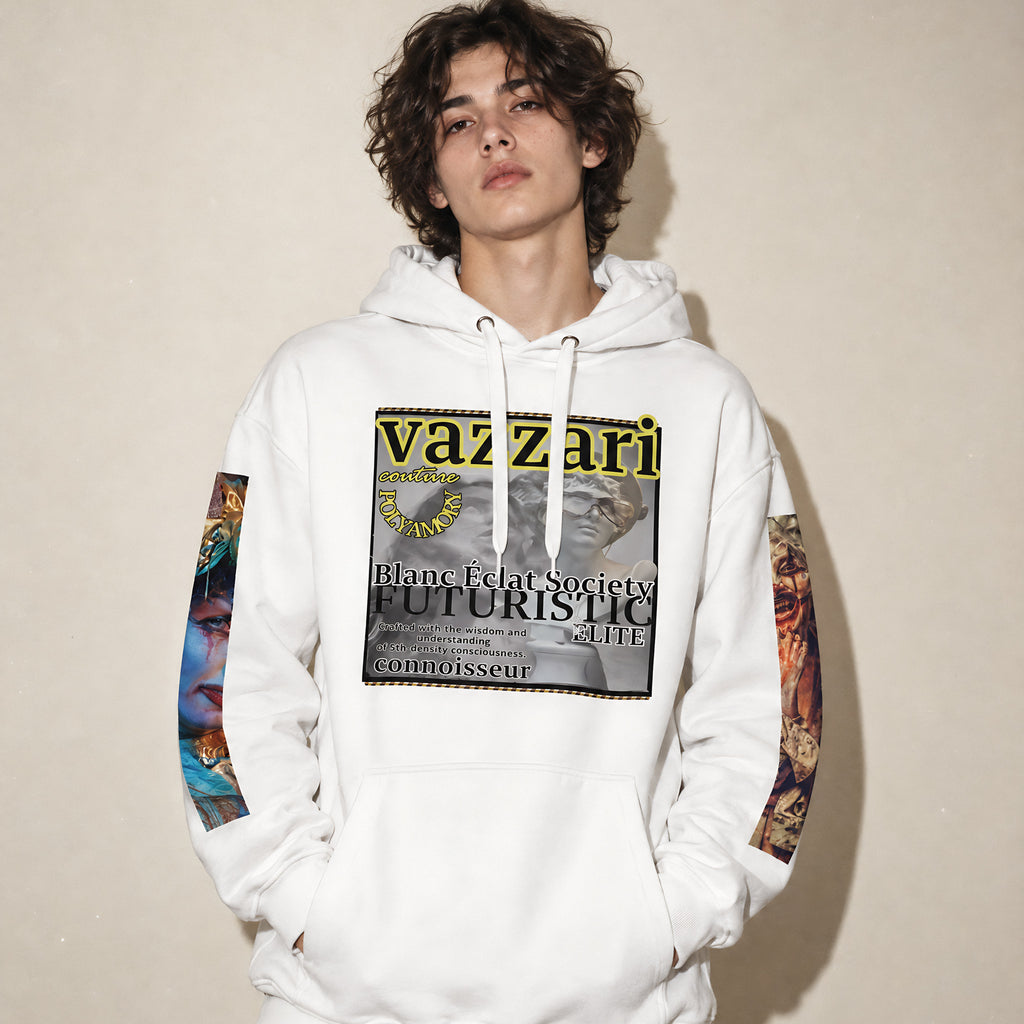 Model wearing the Vazzari Polyamory Hoodie in a beige studio