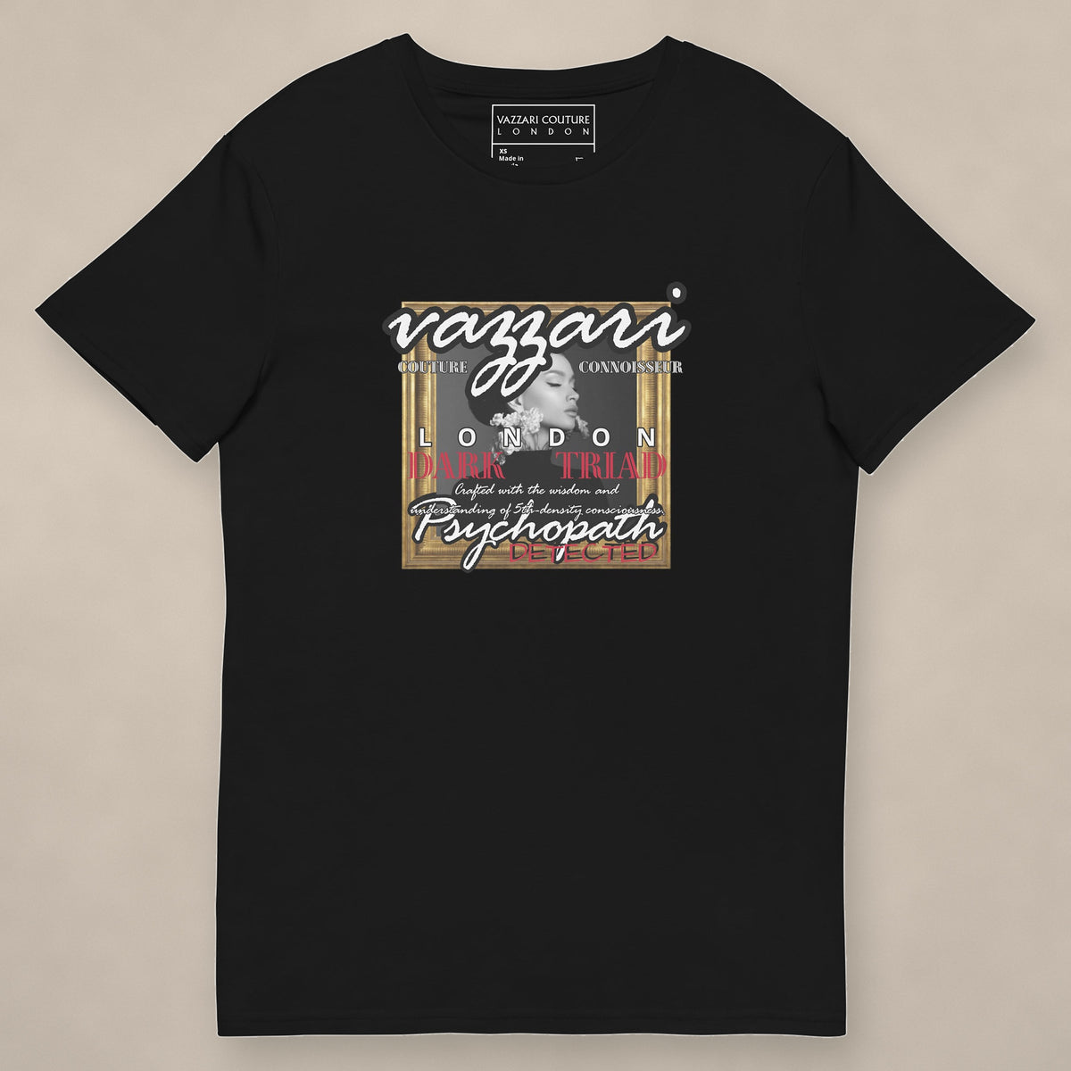 Vazzari Psychopath Detected Tee on beige studio wall