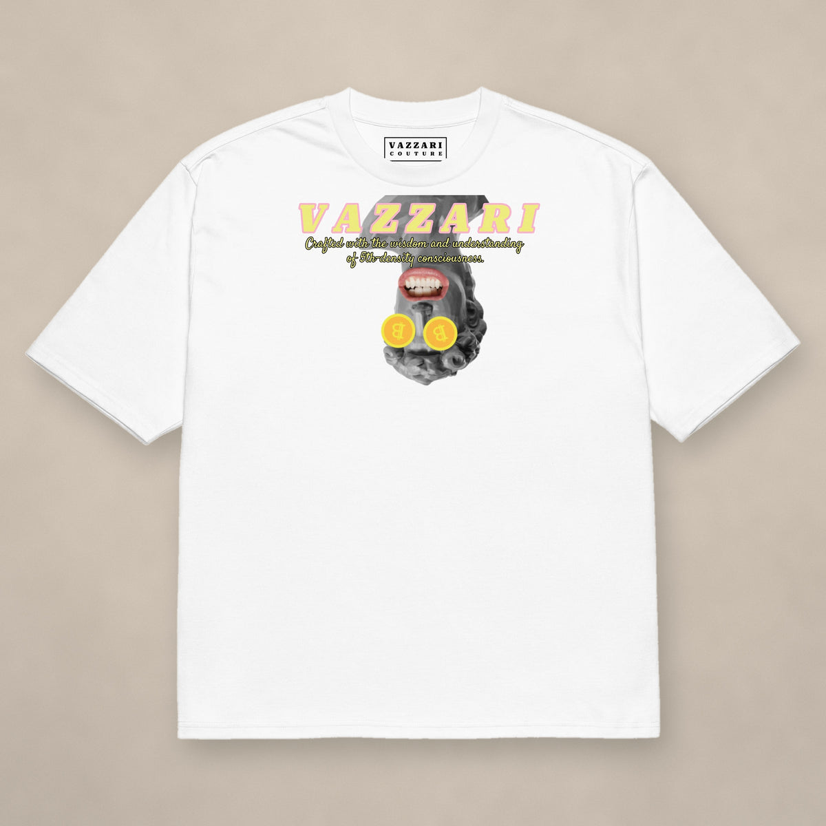 Vazzari Pure Code Heavy Tee – Bitcoin on beige studio wall