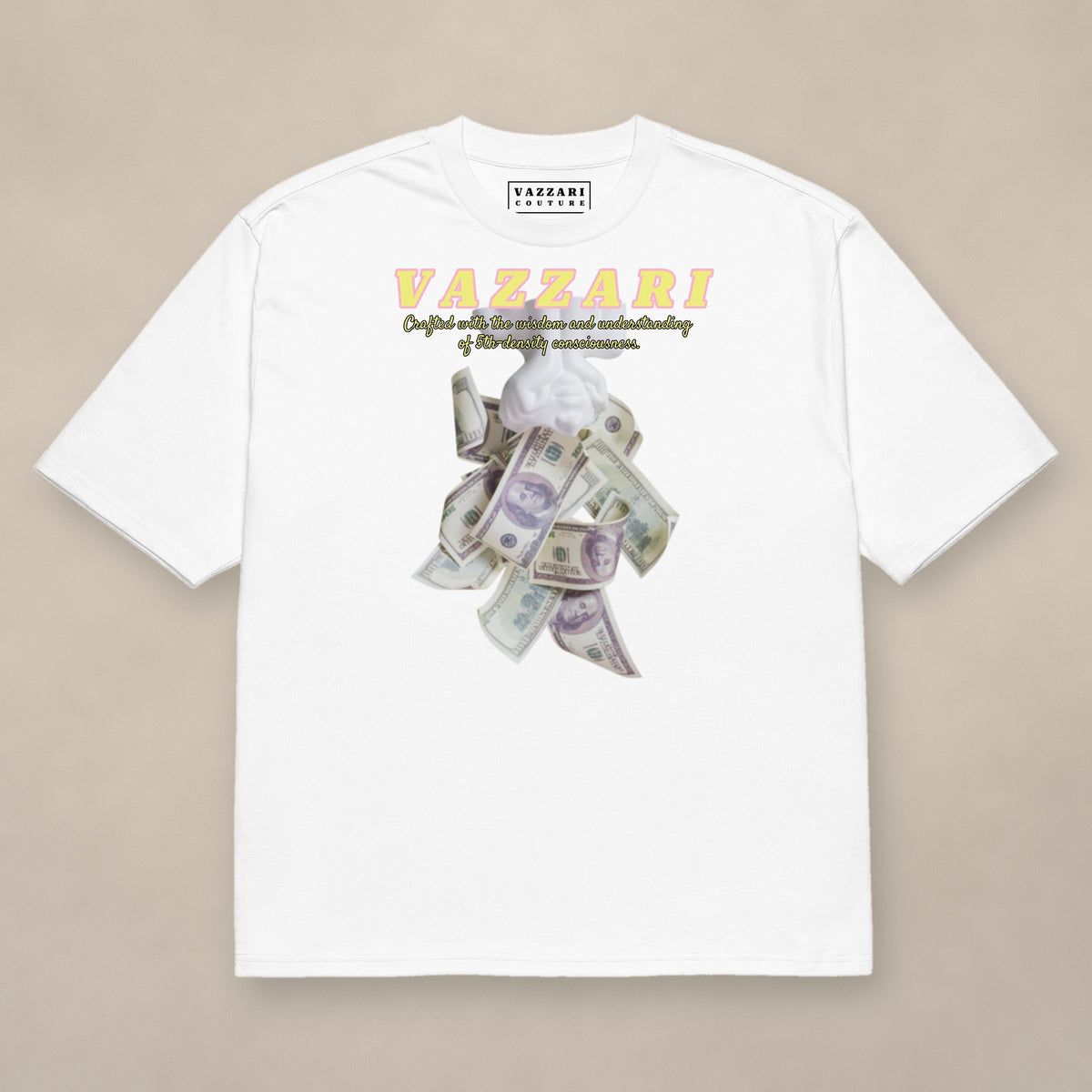 Vazzari Pure Code Heavy Tee – Cash on beige studio wall