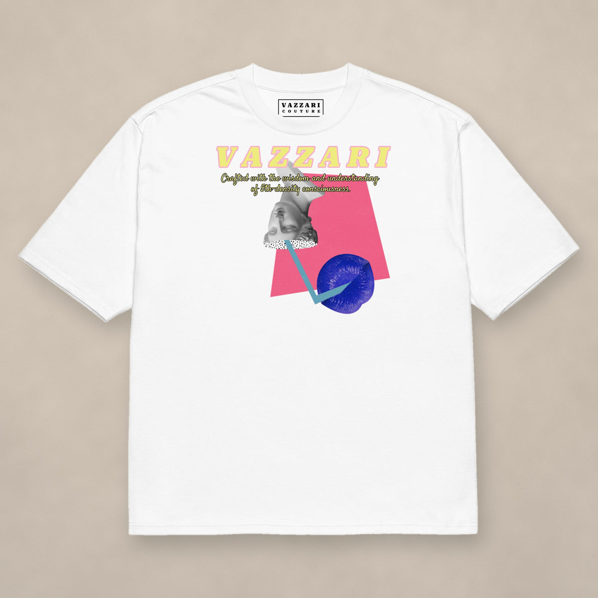Vazzari Pure Code Heavy Tee – Curiosity on beige studio wall