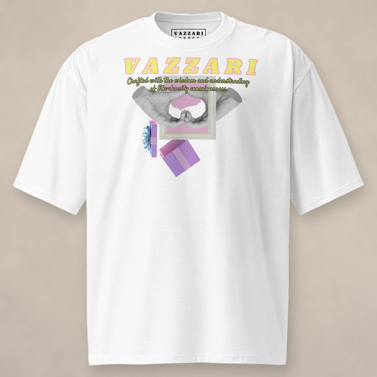 Vazzari Pure Code Heavy Tee – Love on beige studio wall