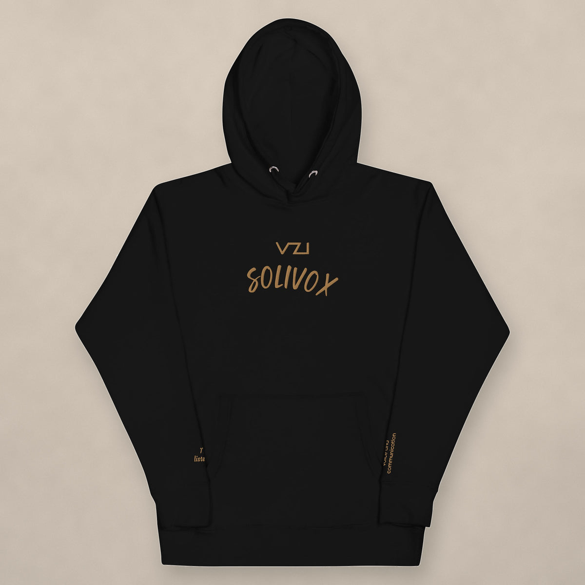 Vazzari Solivox Hoodie on beige studio wall