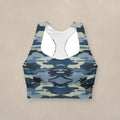 Vazzari Tactical Navy Longline Bra on beige studio wall