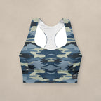 Vazzari Tactical Navy Longline Bra on beige studio wall