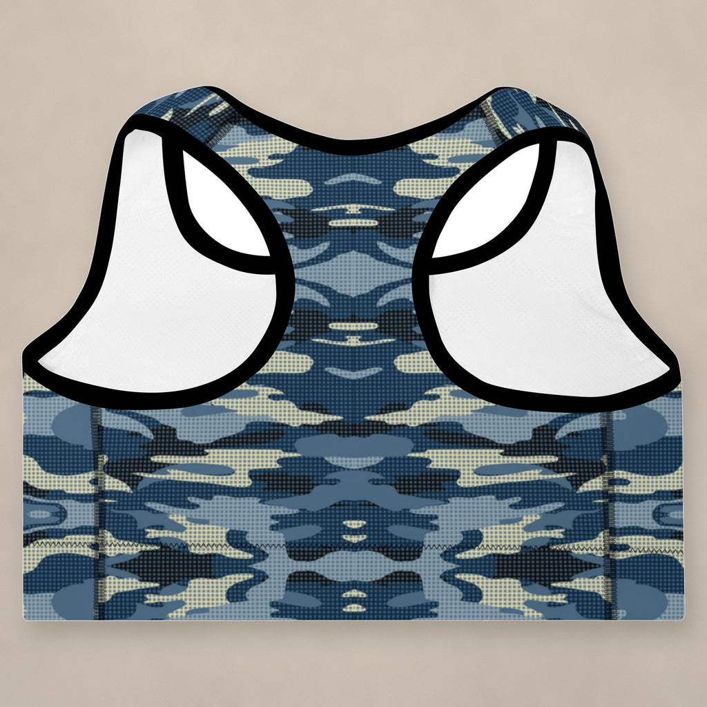 Vazzari Tactical Navy Padded Bra on beige studio wall