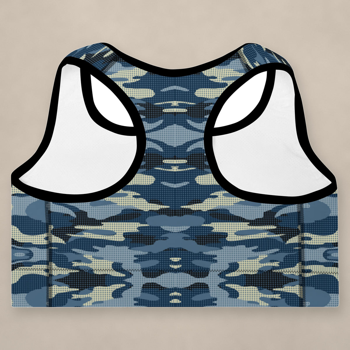 Vazzari Tactical Navy Padded Bra on beige studio wall